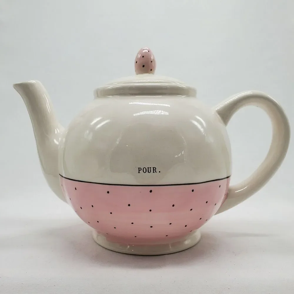 Rae‎ Dunn by Magenta POUR Teapot Polka Dot Pink Typewriter Font